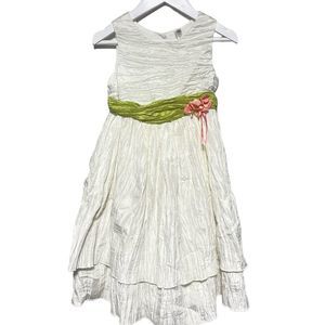 Garden Party Special Occasion Dress White W/Green Sash Pink Flower Girl’s Sz 5
